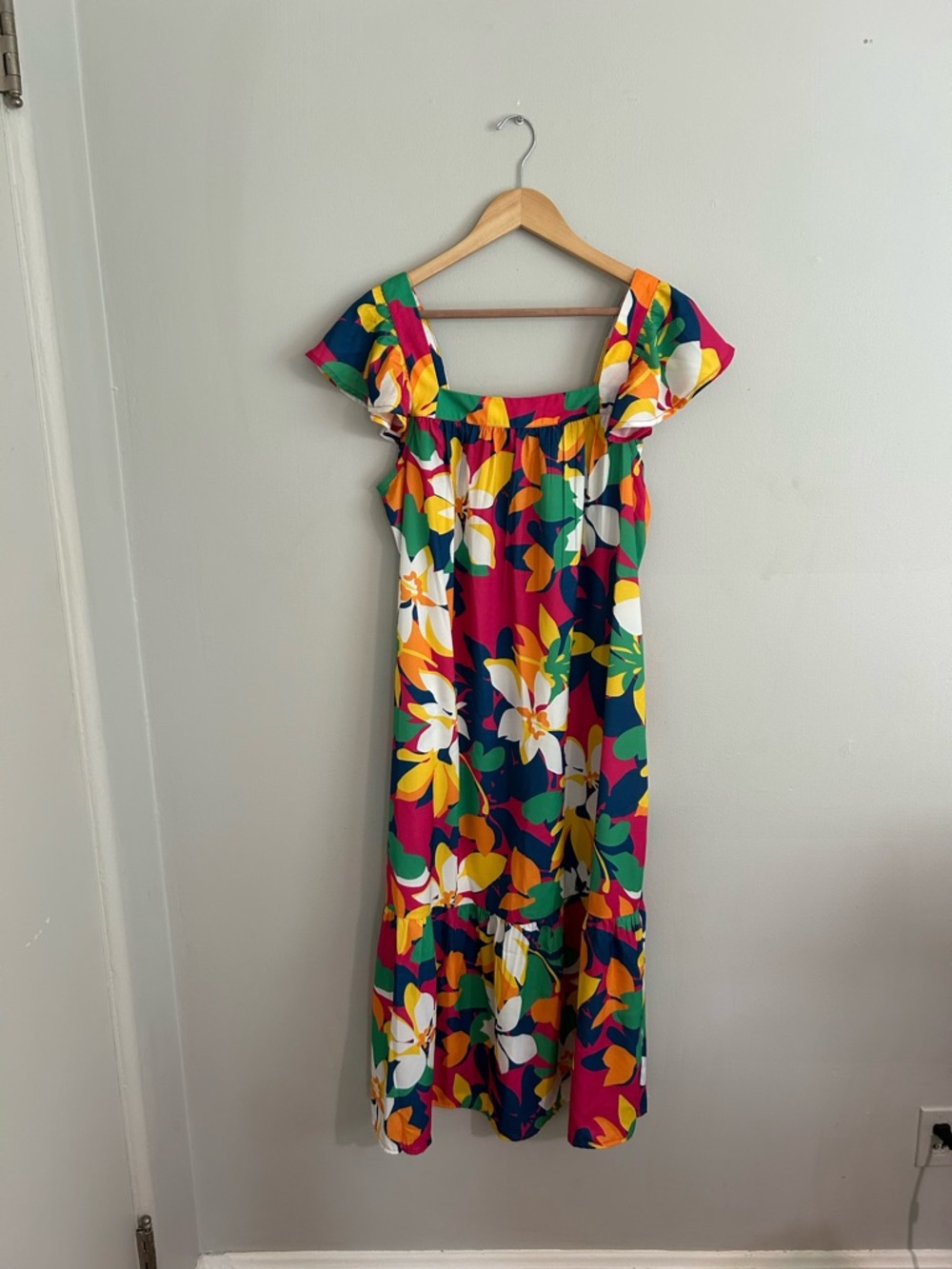 Floral Square-Neck Maxi Dress in Pink, Green, Yellow, White